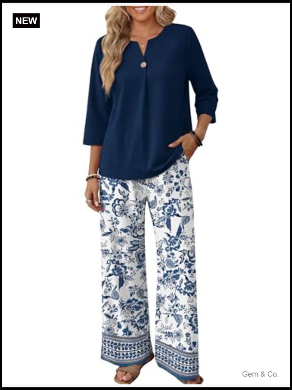 Two Piece Lounge Set 3/4 Sleeve V-Neck Top Wide Leg Pants Travel Outfit - Picture 3 of 6